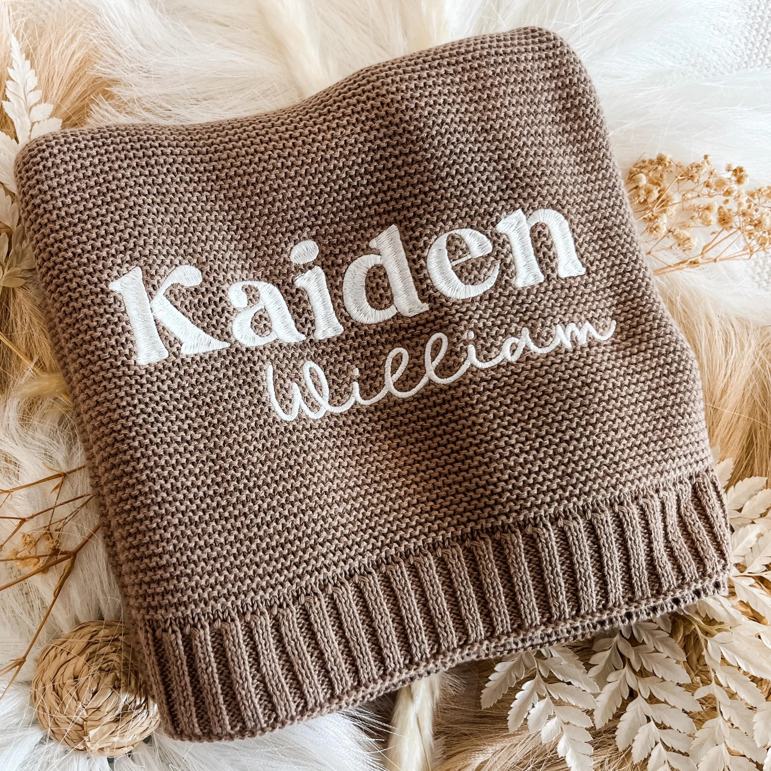 Personalized Hand Embroidered Knit Baby Blanket.
