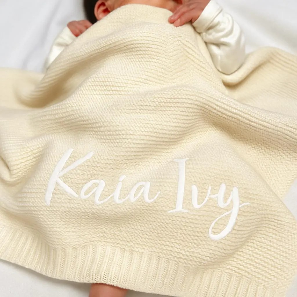 Personalized Hand Embroidered Knit Baby Blanket.