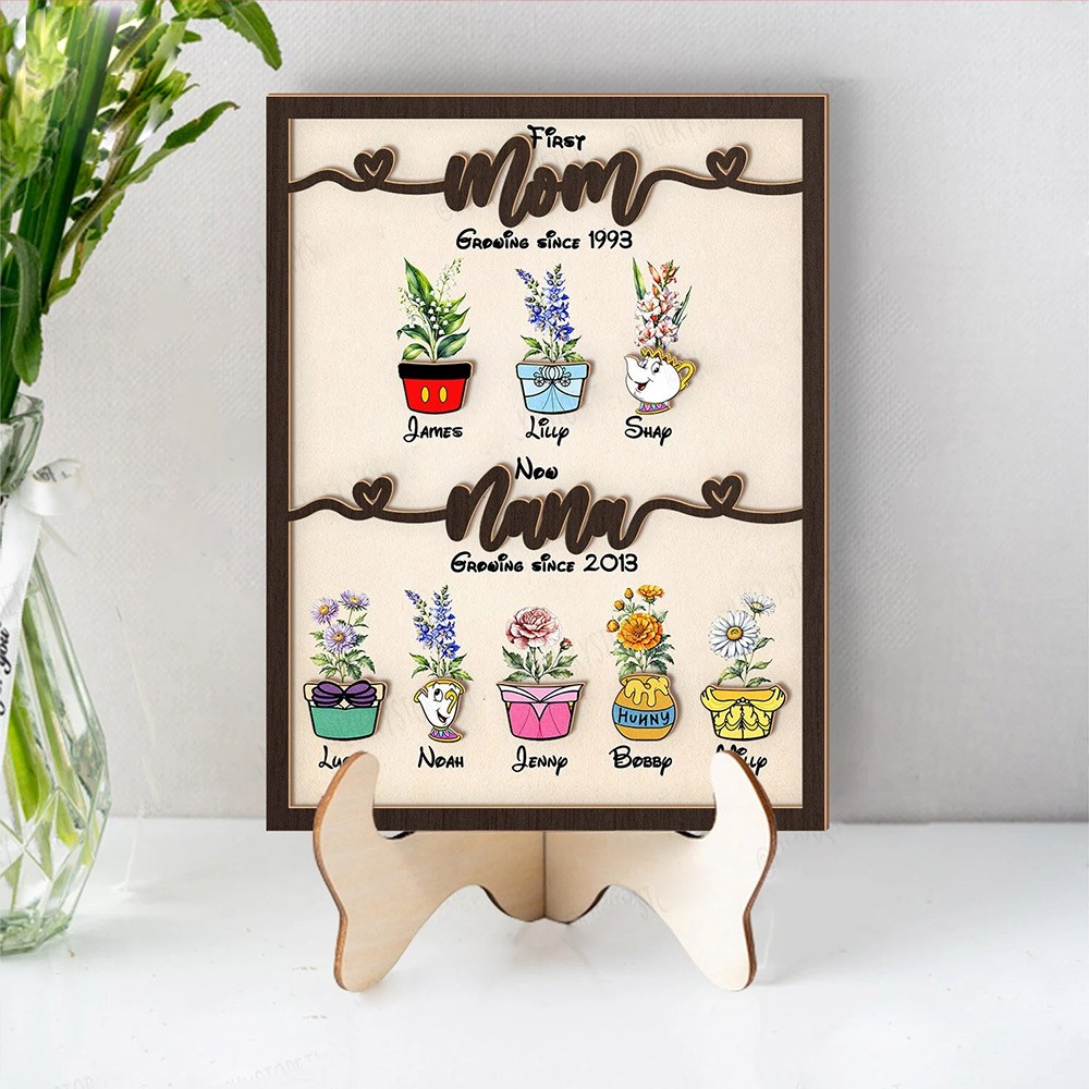 Personalized First Mom Now Grandma's Garden Birth Month Flower Wooden Sign