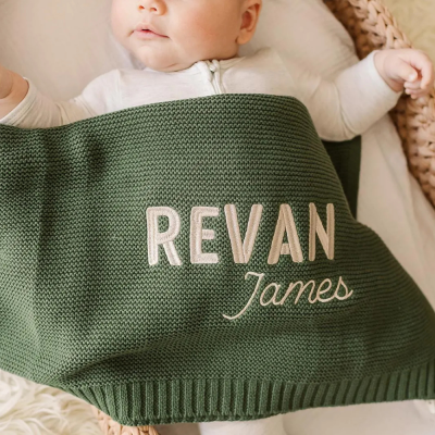 Personalized Hand Embroidered Knit Baby Blanket.