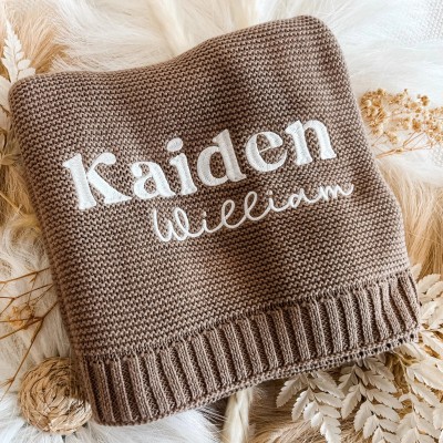 Personalized Hand Embroidered Knit Baby Blanket.