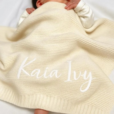 Personalized Hand Embroidered Knit Baby Blanket.