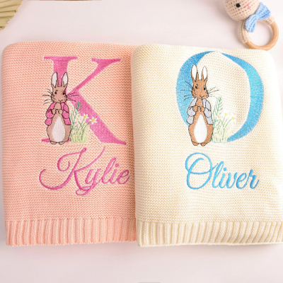 Personalized Hand Embroidered Knit Baby Blanket.