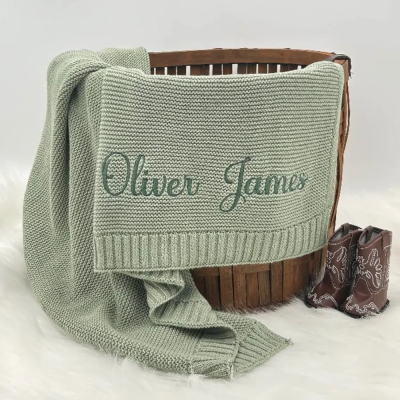 Personalized Hand Embroidered Knit Baby Blanket.
