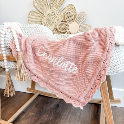 Personalized Hand Embroidered Knit Baby Blanket.